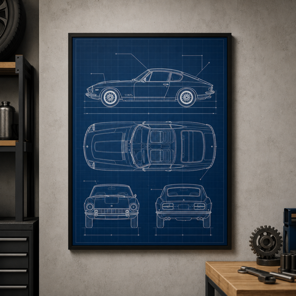Vintage Coupe Garage Blueprint Framed Print - Garage Wall Art product image