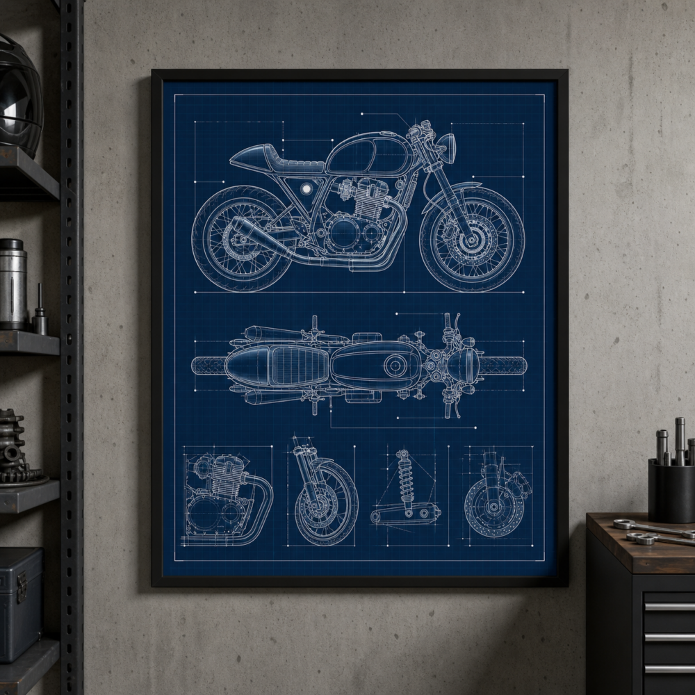 Cafe Racer Motorcycle Blueprint Framed Print - Workshop Wall Art product image
