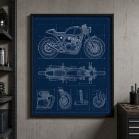 Cafe Racer Motorcycle Blueprint Framed Print - Workshop Wall Art