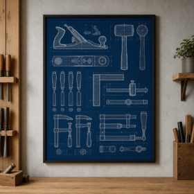 Woodworker Tool Set Blueprint Framed Print - Workshop Wall Art