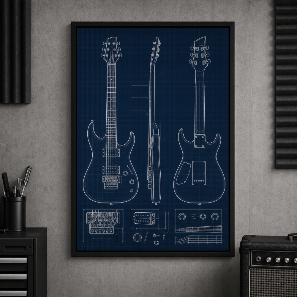 Electric Guitar Workshop Blueprint Framed Print - Workshop Wall Art product image