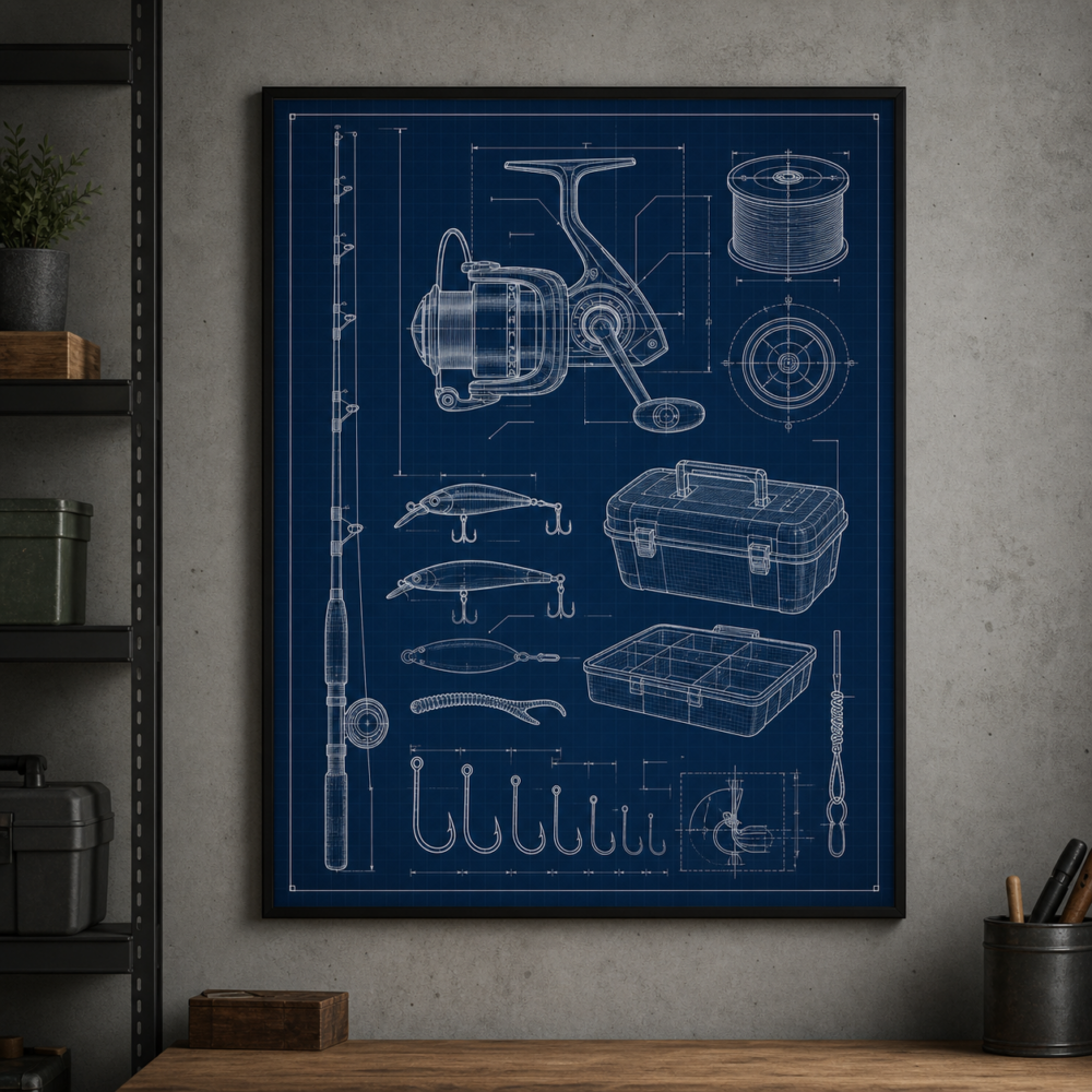 Fishing Tackle Blueprint Framed Print - Workshop Wall Art product image