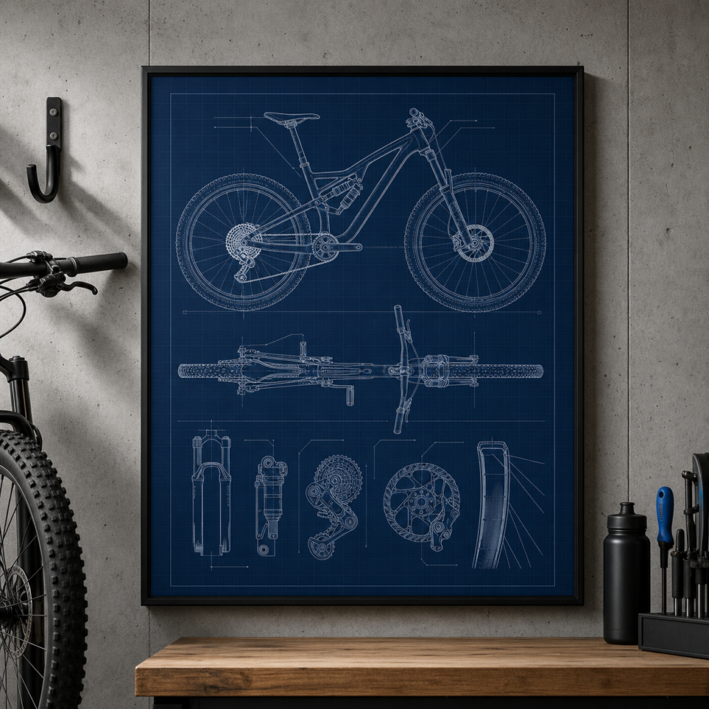 Mountain Bike Garage Blueprint Framed Print - Garage Wall Art product image