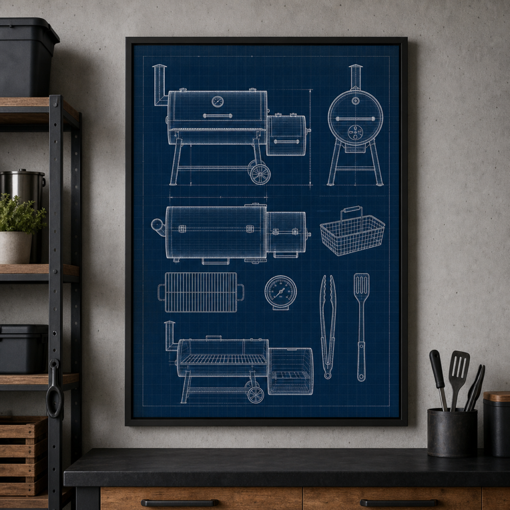 Smoker Grill Blueprint Framed Print - Workshop Wall Art product image