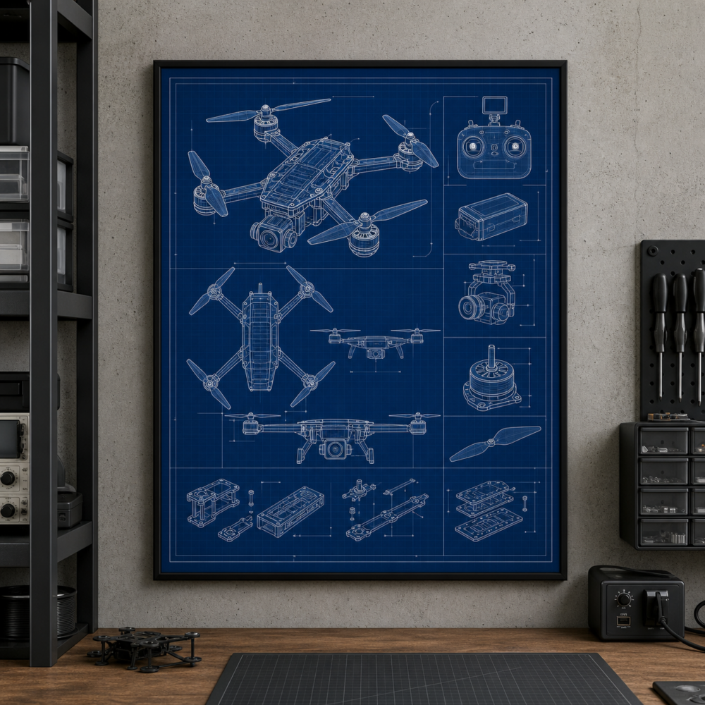 Quadcopter Drone Blueprint Framed Print - Workshop Wall Art product image