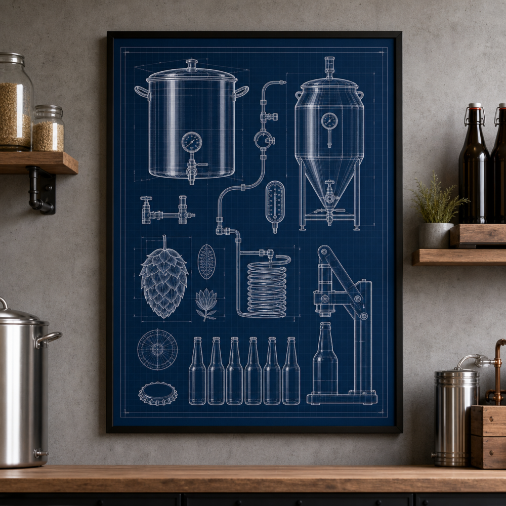 Home Brewing Kit Blueprint Framed Print - Workshop Wall Art product image