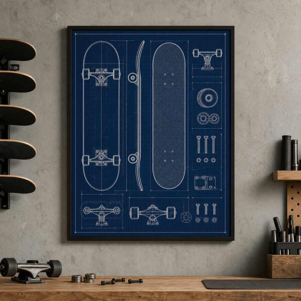 Skateboard Workshop Blueprint Framed Print - Workshop Wall Art product image