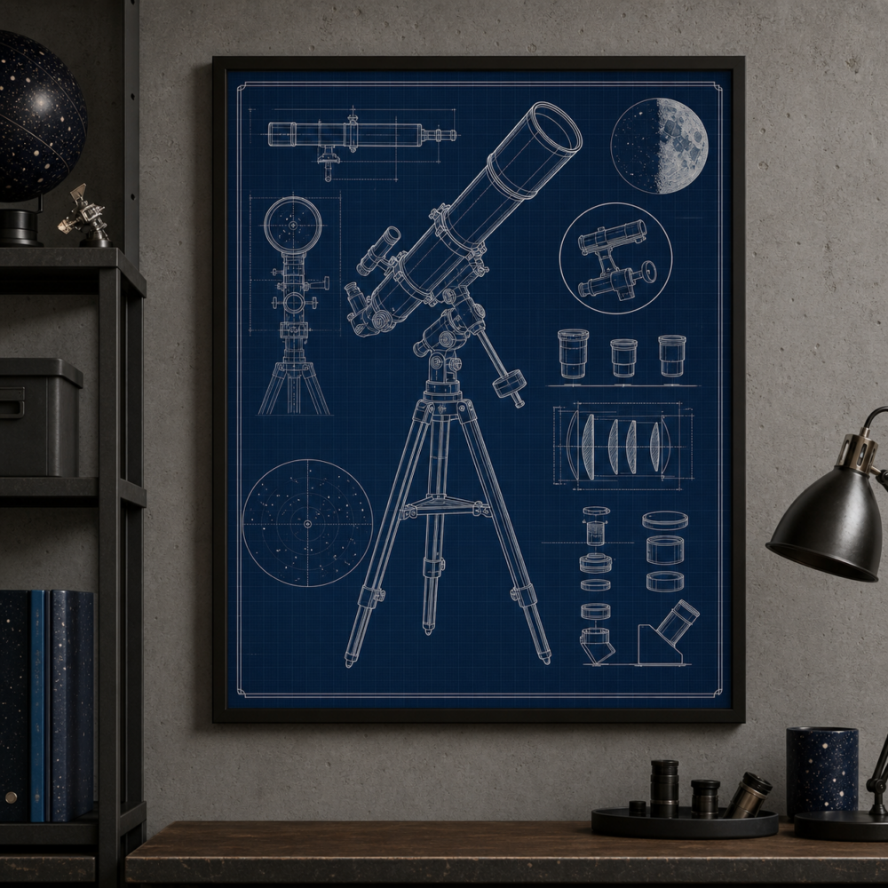 Astronomy Telescope Blueprint Framed Print - Workshop Wall Art product image