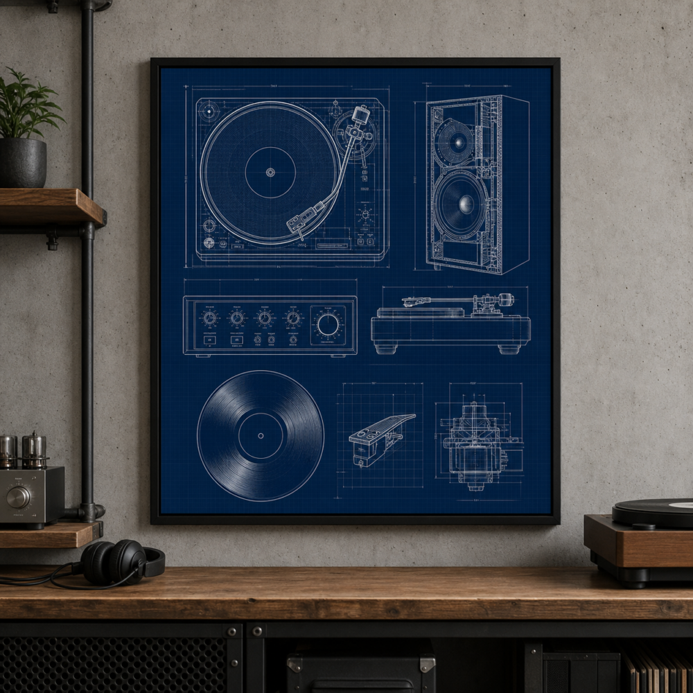 Hi-Fi Turntable Blueprint Framed Print - Workshop Wall Art product image