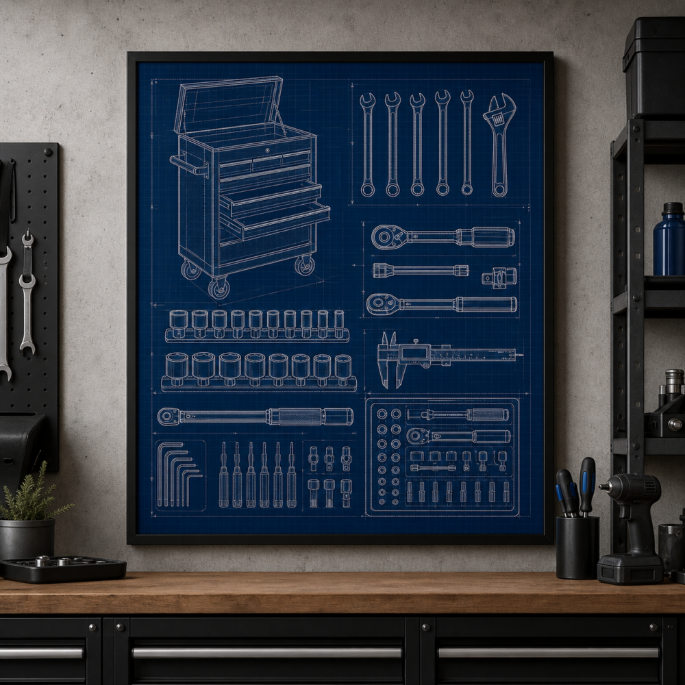 Mechanic Tool Chest Blueprint Framed Print - Garage Wall Art product image