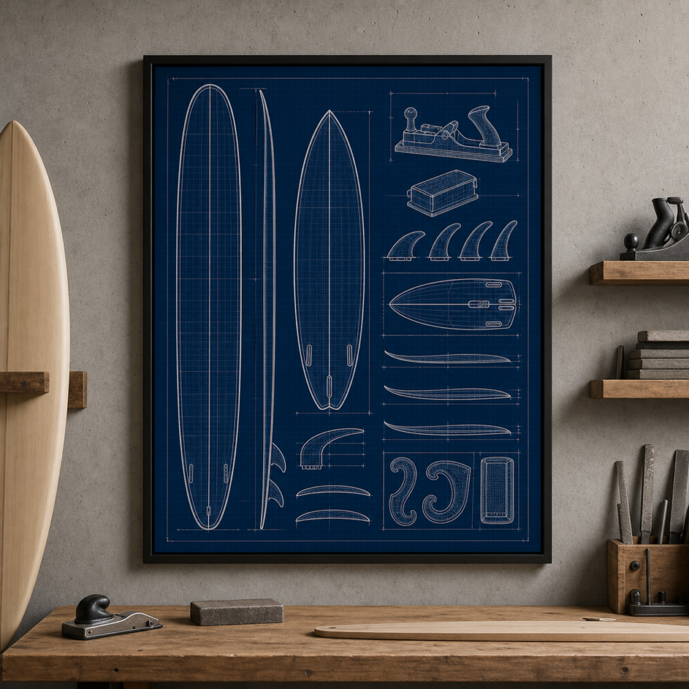Surfboard Shaping Blueprint Framed Print - Workshop Wall Art product image