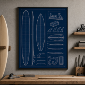 Surfboard Shaping Blueprint Framed Print - Workshop Wall Art