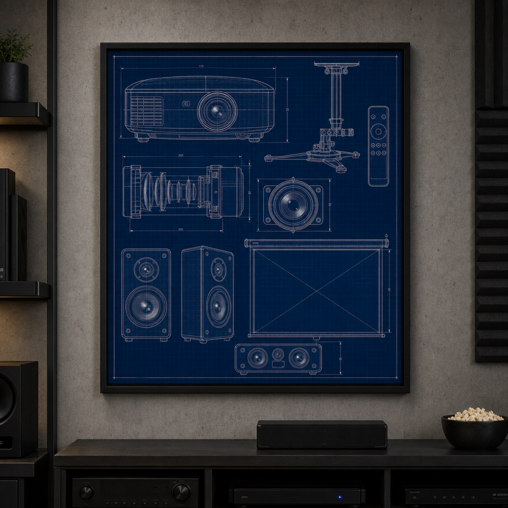 Home Cinema Projector Blueprint Framed Print - Workshop Wall Art product image