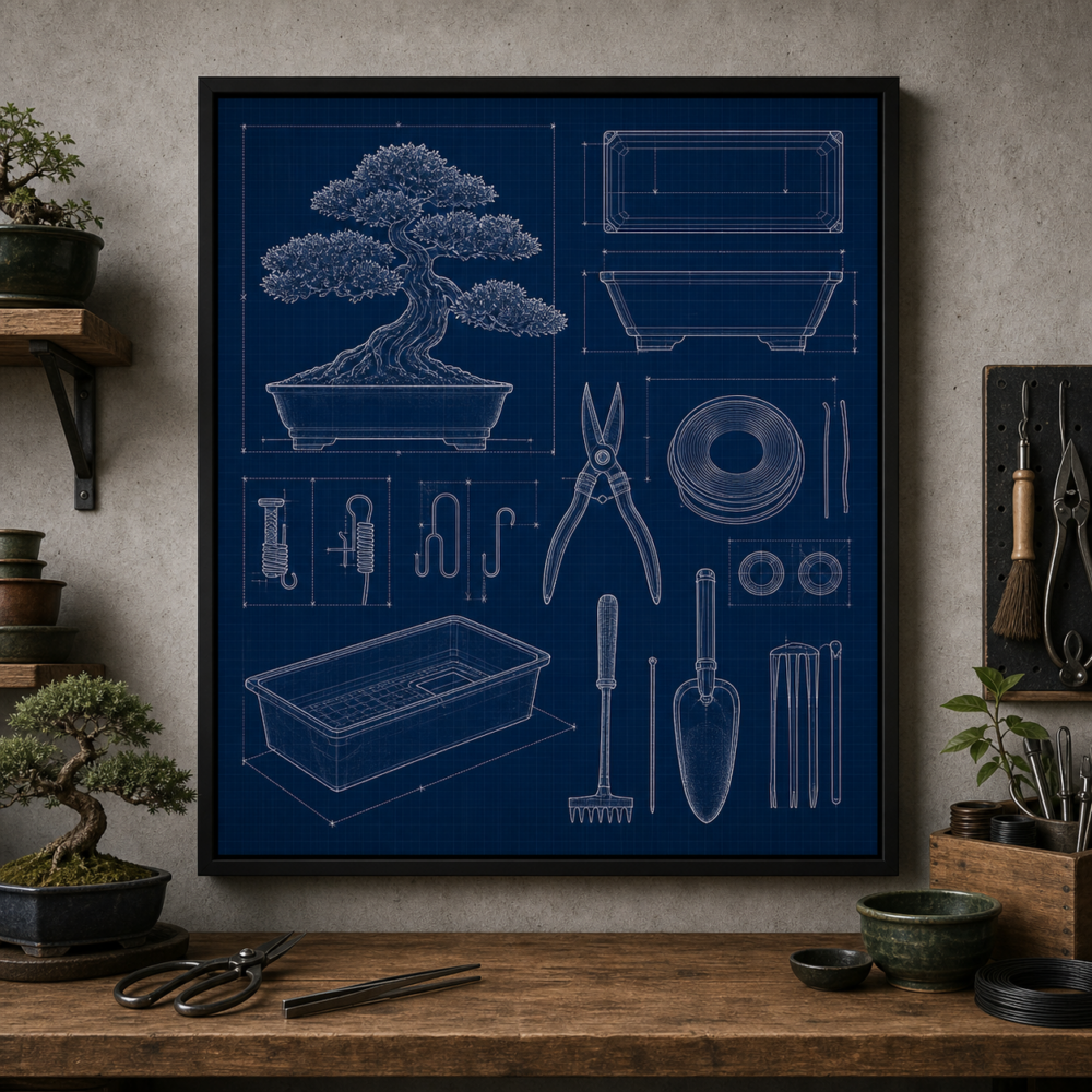 Bonsai Workbench Blueprint Framed Print - Workshop Wall Art product image
