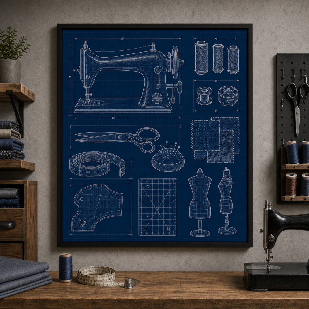 Sewing Machine Blueprint Framed Print - Studio Wall Art product image