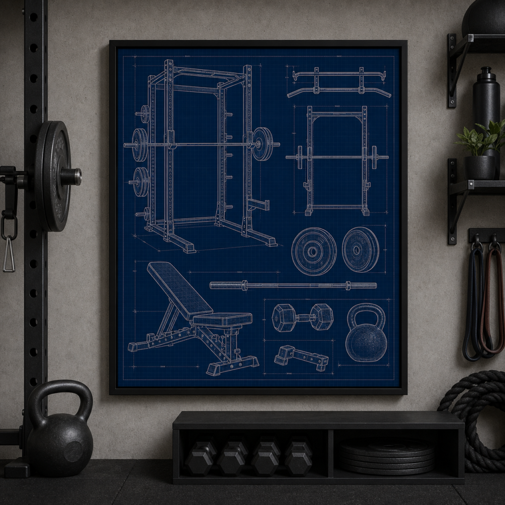 Garage Gym Blueprint Framed Print - Garage Wall Art product image