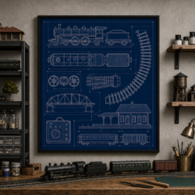 Model Train Blueprint Framed Print - Workshop Wall Art