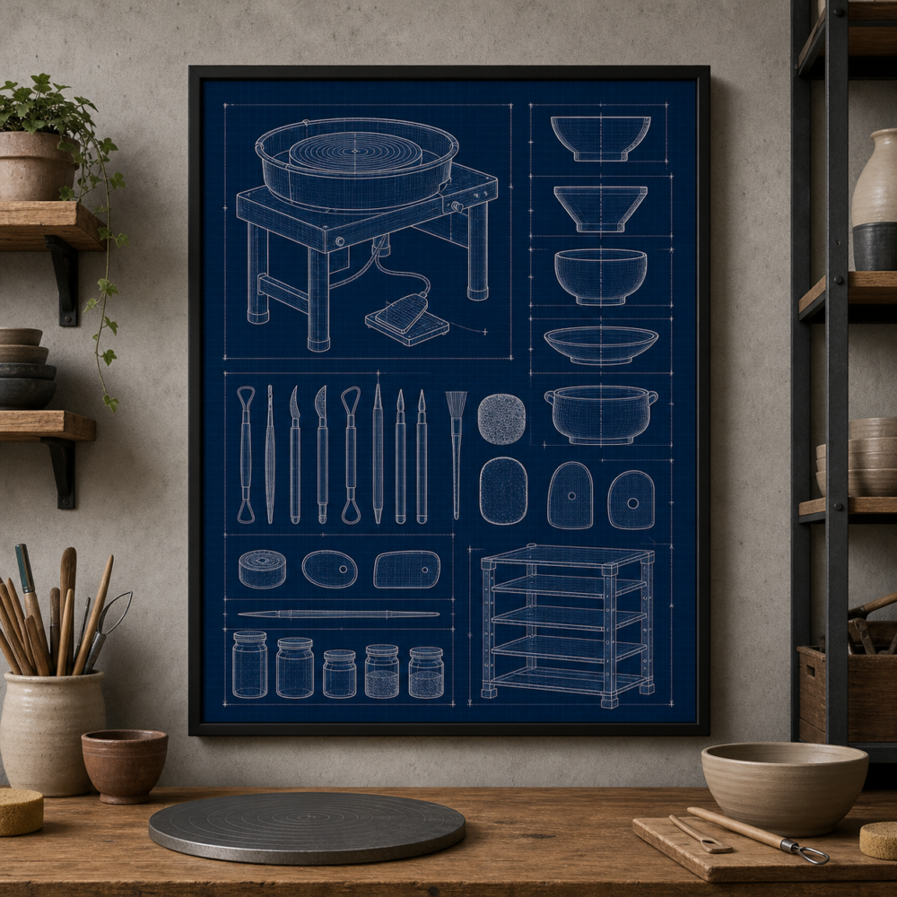 Pottery Studio Blueprint Framed Print - Studio Wall Art product image